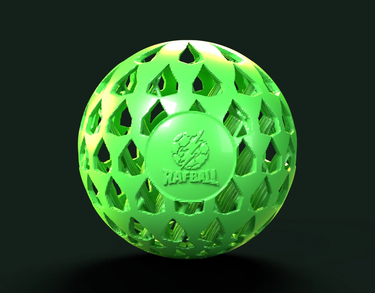 Green perforated lattice ball with logo pad on near-black background